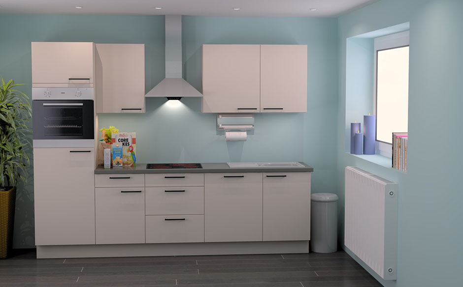 Keuken Premium 4A wit 280cm - voorgemonteerd - met toestellen - vitrokeramische kookplaat en inox wanddampkap