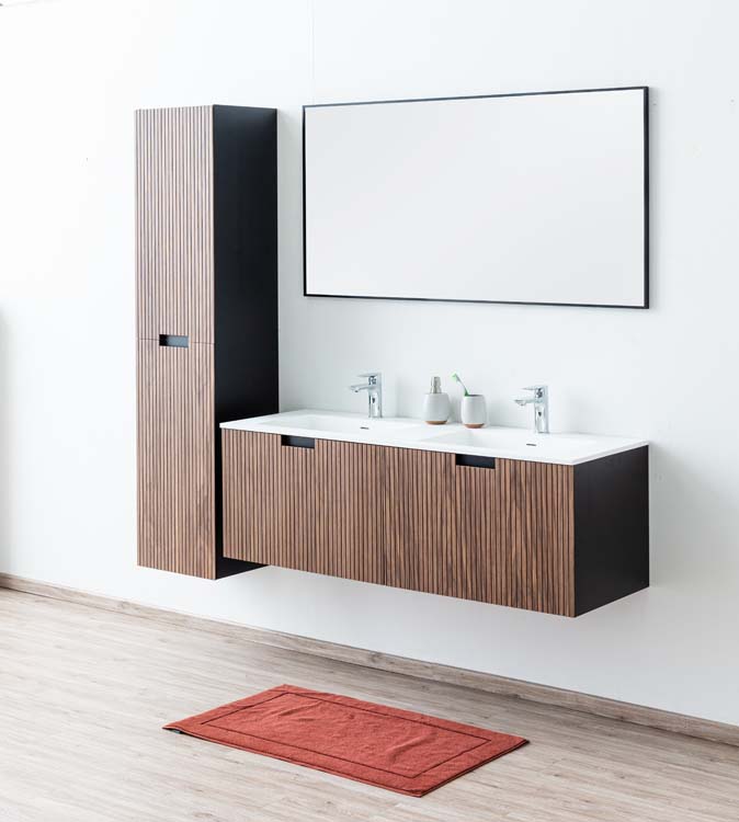 Meuble de salle de bains Willow noyer suspendu avec lavabo double blanc mat 140cm