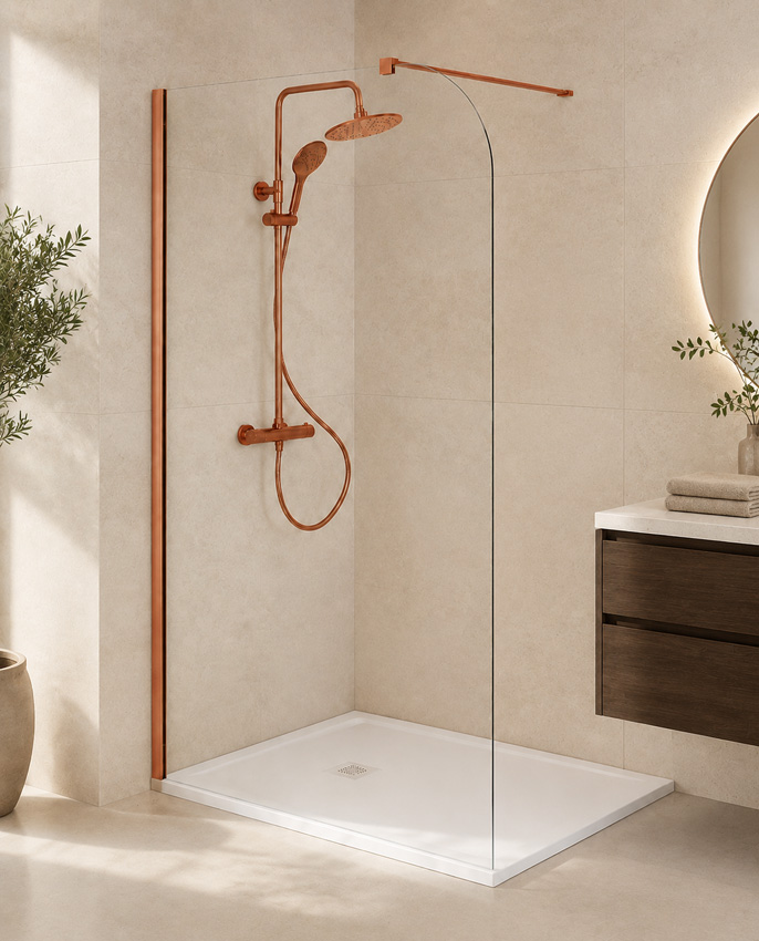 Paroi de douche à l'italienne Avery arrondie verre clair avec kit de profilés cuivre 137x200cm