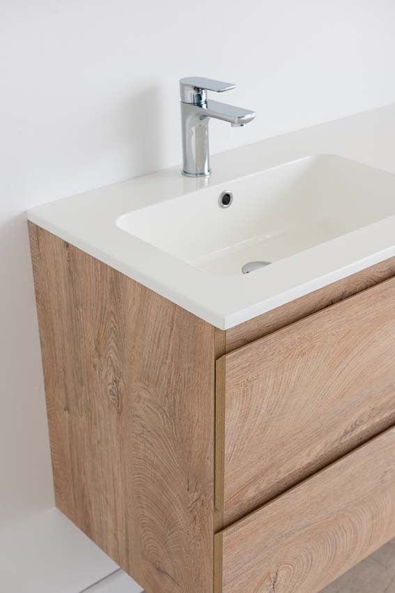 Meuble de salle de bain Tibo en chêne méditerranéen avec lavabo simple blanc mat 120cm