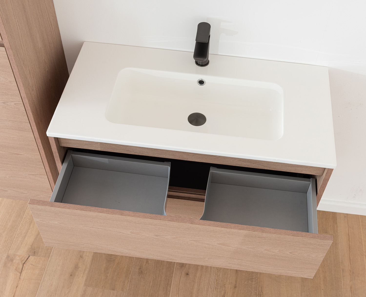 Meuble de salle de bains Tiago chêne Nordic suspendu avec vasque simple blanc mat 90cm