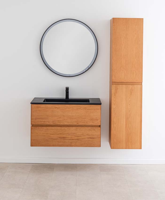 Badkamermeubel Fior eik hangend met enkele wastafel mat zwart 90cm