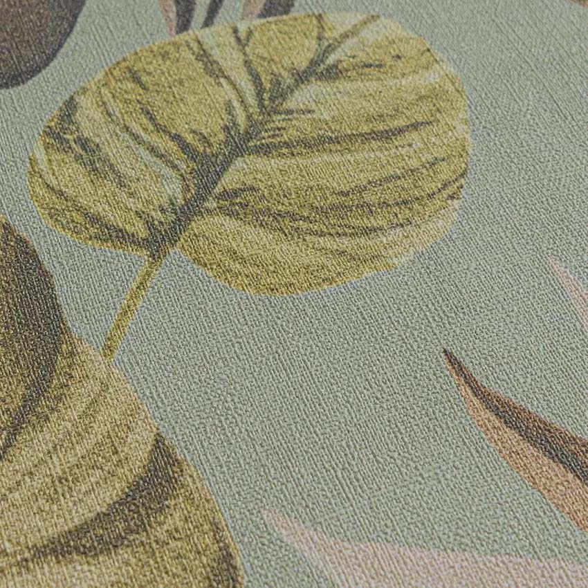 Vinyle sur papier peint intissé feuille vert/bleu/terre 0,53x10,05m