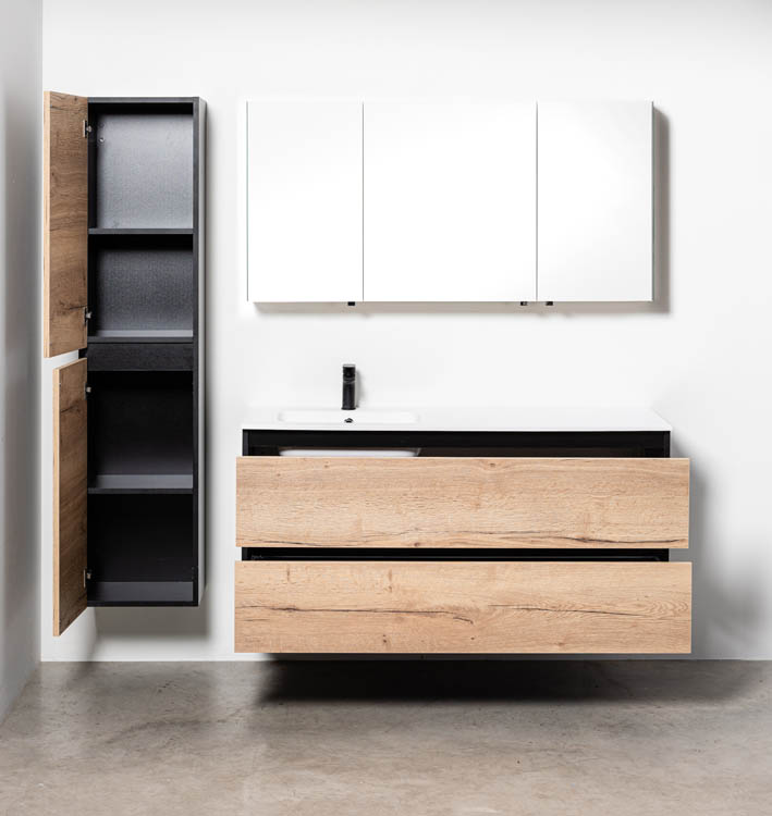 Badkamermeubel Dotan eik hangend met enkele wastafel links mat wit 140cm
