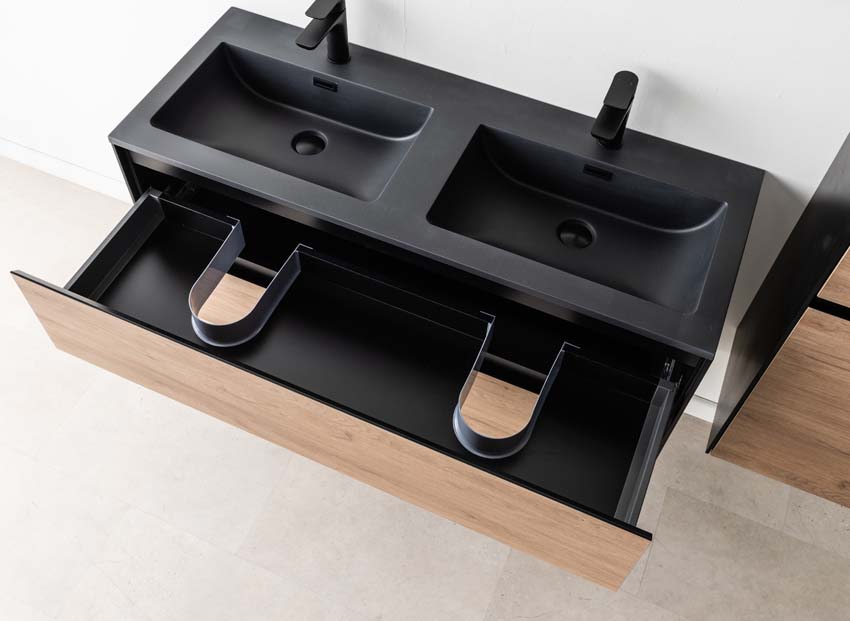 Meuble de salle de bains Molly chêne suspendu avec lavabo double noir mat 120cm