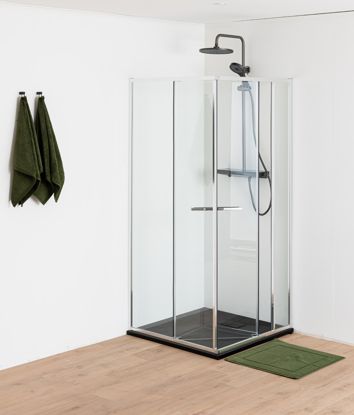Douche d'angle Ares avec porte peu encombrante chrome 90x90x190cm