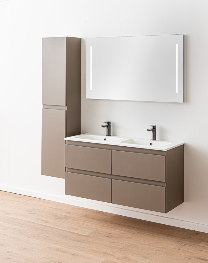 Badkamermeubel Trente taupe met dubbele wastafel mat wit 120cm