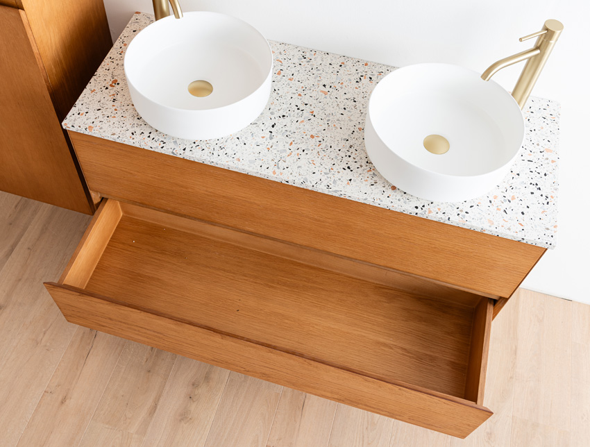 Badkamermeubel Fior eik hangend met dubbel topblad terrazzo 120cm