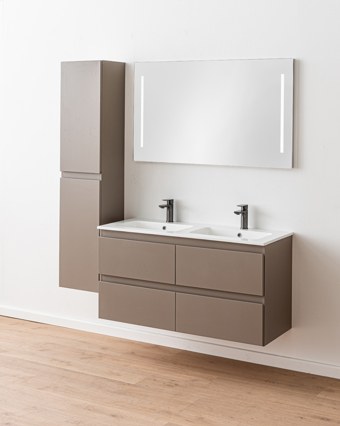 Badkamermeubel Trente taupe met dubbele wastafel glanzend wit 120cm