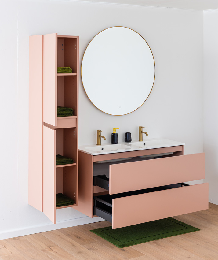 Meuble de salle de bains Dotan abricot suspendu avec double lavabo blanc brillant 120cm