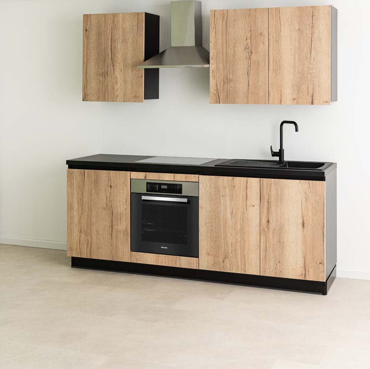 Cuisine Plenti 220cm - four en bas - sans appareils - noire-aspect bois
