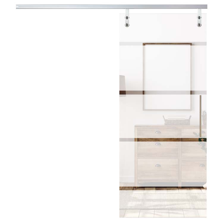 Complete enkele glazen schuifdeur Sky Night mat glas 4 lijnen 93x215cm - rail aluminium - trekker rond