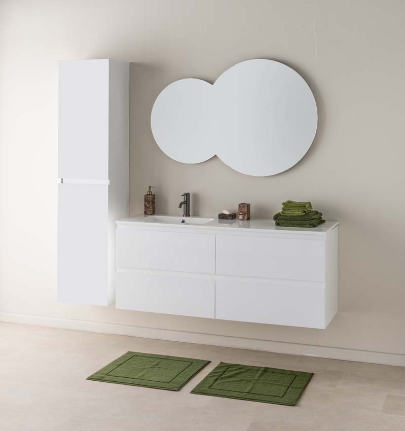 Meuble de salle de bains Tibo blanc suspendu avec lavabo simple à gauche blanc brillant 140cm