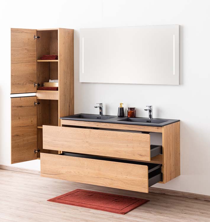 Meuble de salle de bain Daria chêne brun doré 1400 mm lavabo noir mat