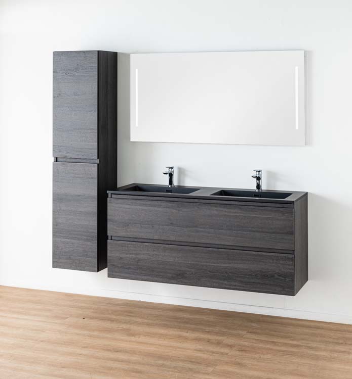 Meuble de salle de bain Dotan chêne foncé 1400 mm 2 lavabo mat noir