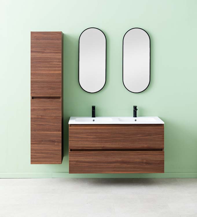 Meuble de salle de bains Dotan noyer suspendu avec lavabo double blanc mat 120cm