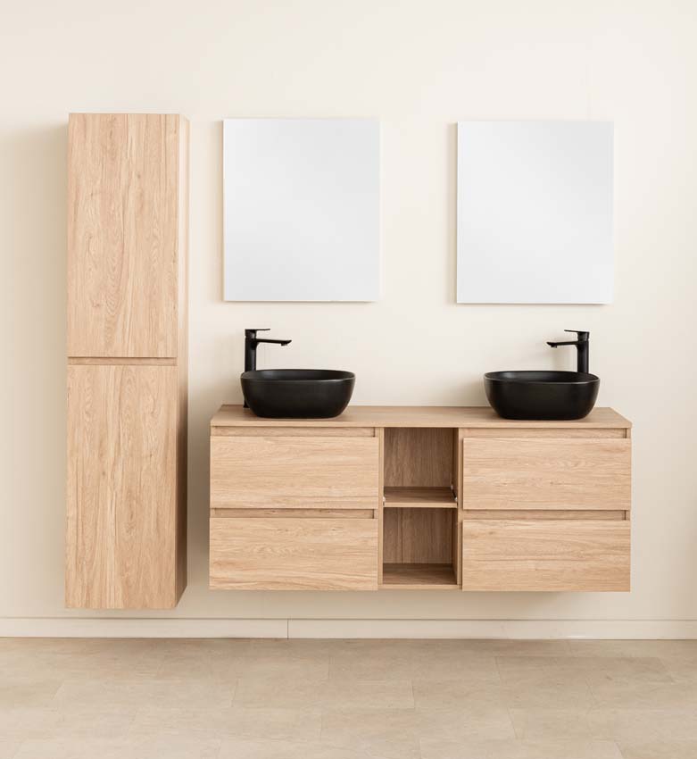Meuble de salle de bain Bella aspect chêne 1500 mm lavabo double noir mat Meuble de salle de bain Bella aspect chêne 1500 mm lavabo double noir mat