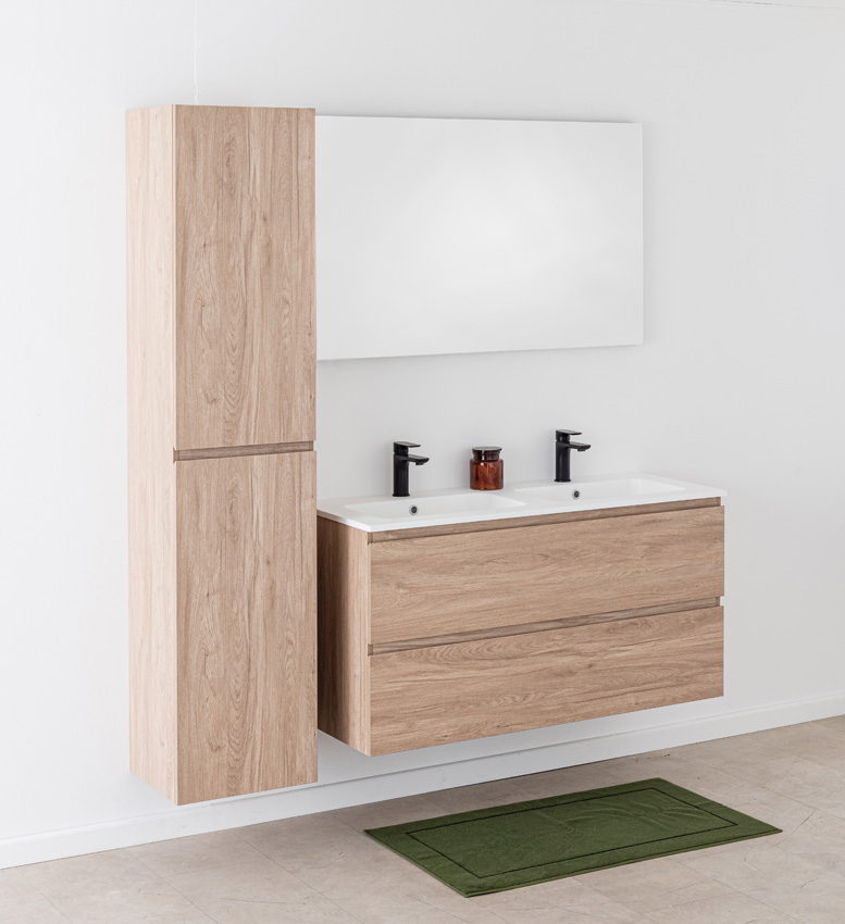 Badkamermeubel Bianca eiklook hangend met dubbele wastafel mat wit 120,5cm