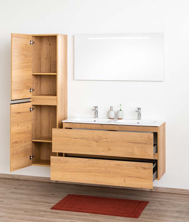 Meuble de salle de bains Daria chêne brun doré suspendu avec lavabo double blanc brillant 120cm