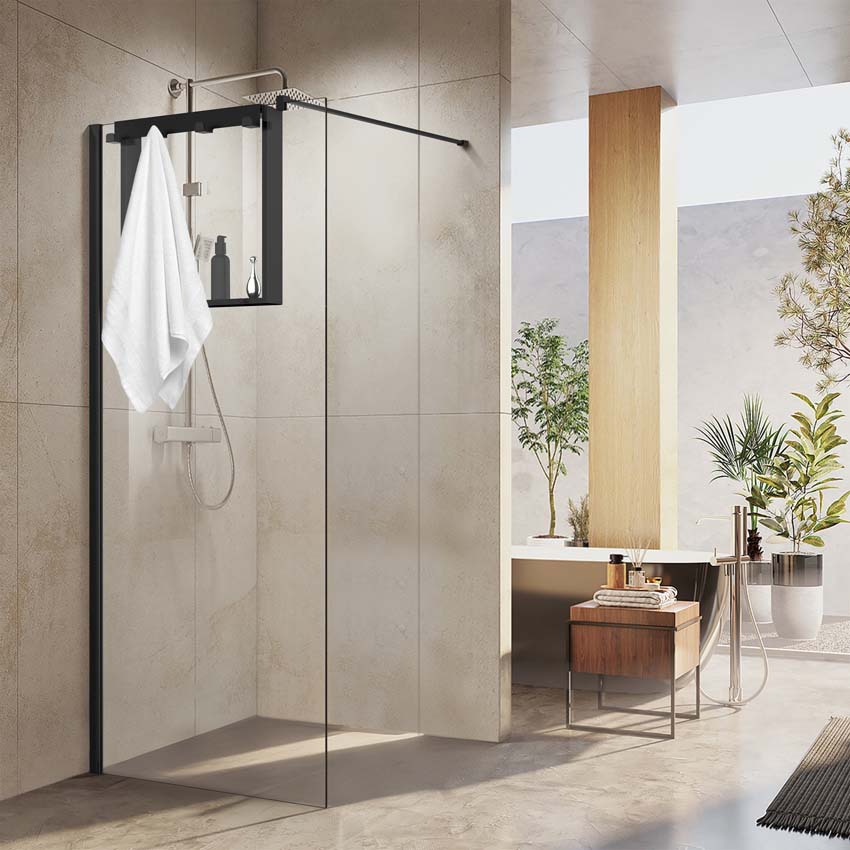 Etagère de douche noir mat 50x50x6,5cm avec 4 crochets