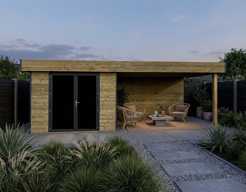 Studio de jardin Amelia M + terrasse bois de pin naturel 680x300x236cm double porte