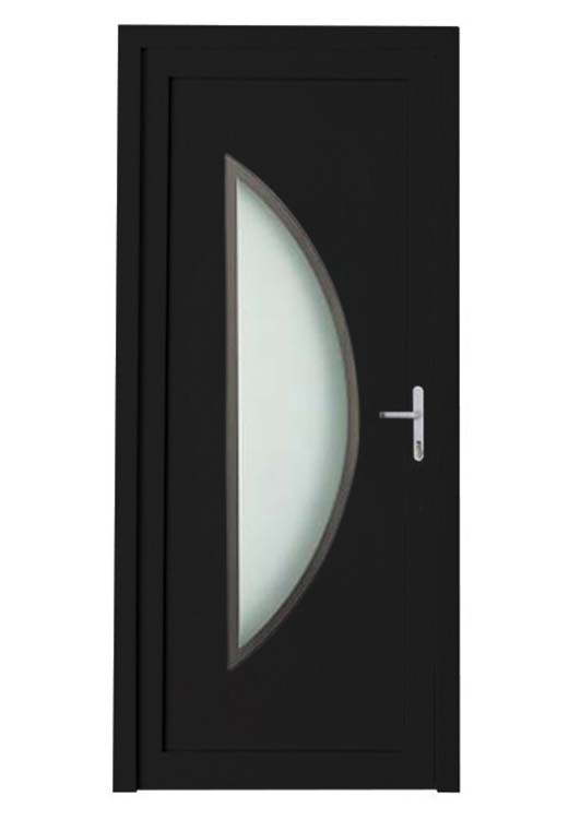 Porte extérieure demi-lune bordure inox PVC verre mat noir sur mesure ouvrant à droite