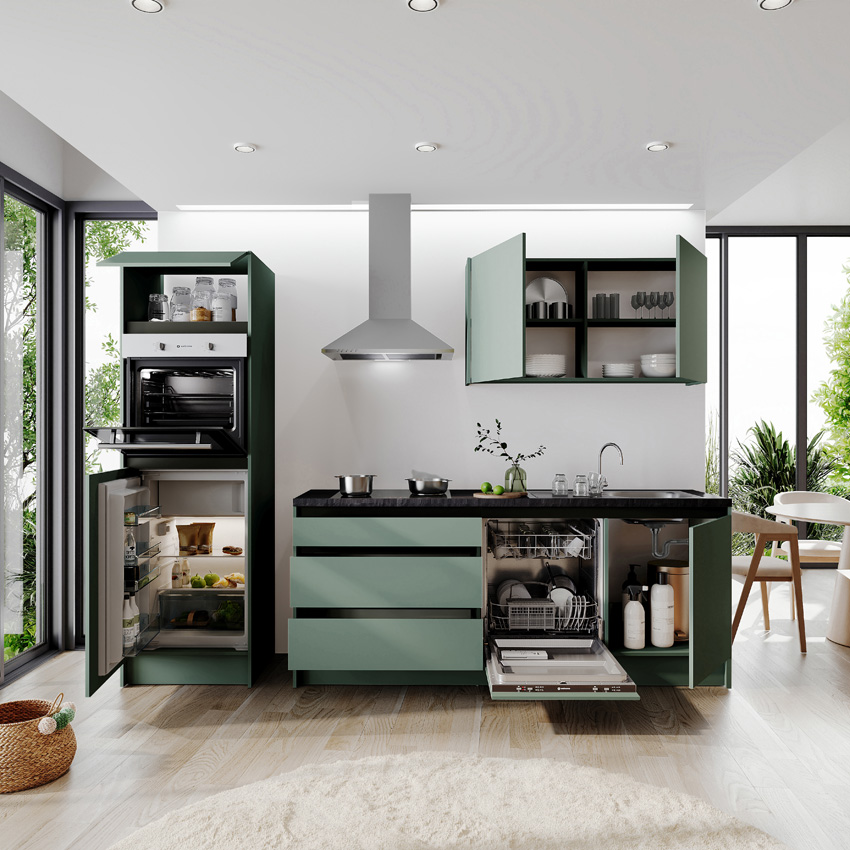 Keuken Berlin groen 273cm - met toestellen - vitrokeramische kookplaat en inox wanddampkap