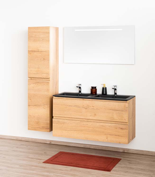 Meuble salle d bain Daria chêne brun doré 120cm lavabo noir mat double