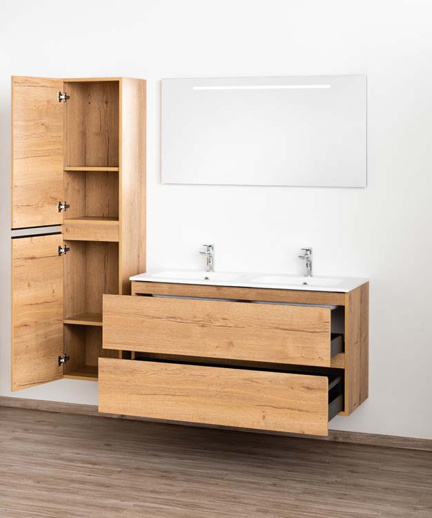 Meuble de salle de bain Daria chêne brun doré 1200 mm 2 lavabo mat