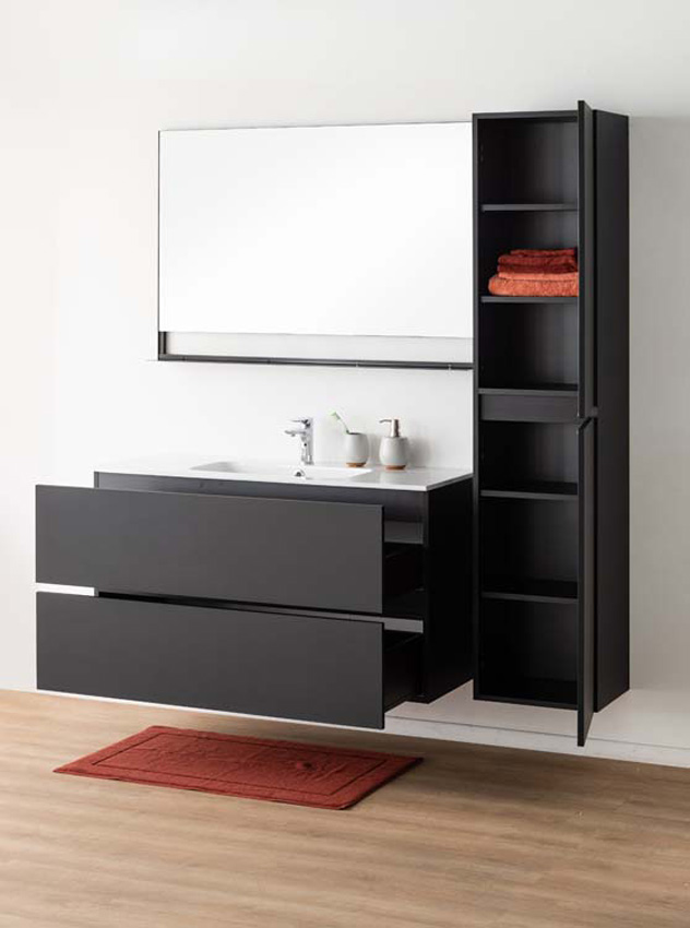 Badkamermeubel Puro mat zwart hangend met enkele wastafel mat wit 120cm