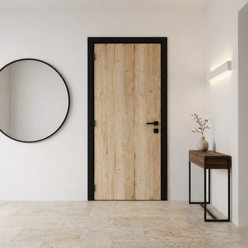 Porte intérieure complète Nature Wood chêne 201,5x83cm tubulaire vertical réversible + châssis noir 16,5cm