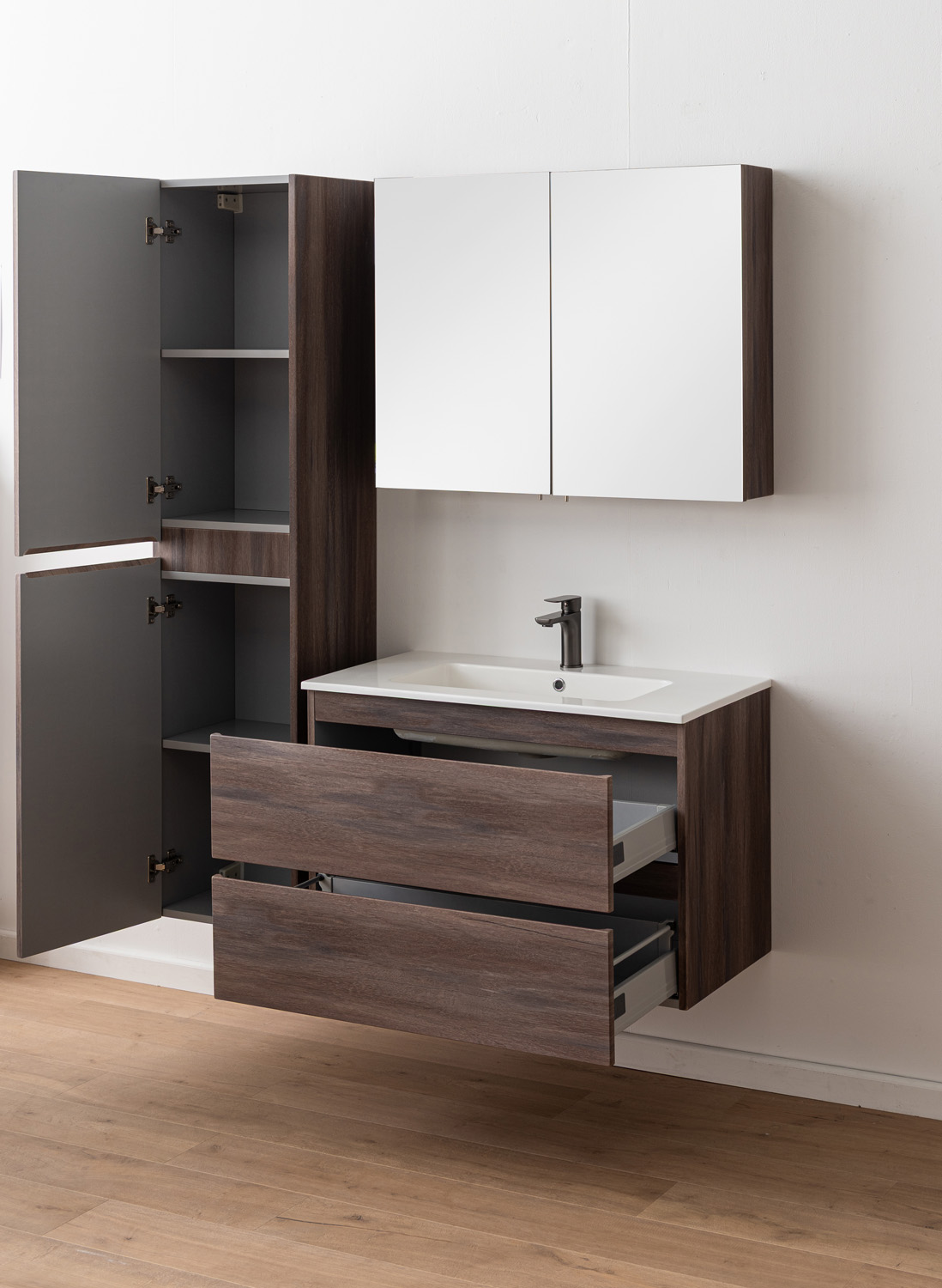 Badkamermeubel Tarik amber eik hangend met enkele wastafel glanzend wit 90cm
