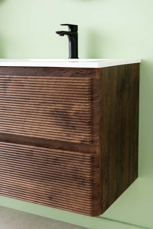 Meuble de salle de bains Jelte noyer suspendu avec lavabo double blanc mat 120cm Meuble de salle de bains Jelte noyer suspendu avec lavabo double blanc mat 120cm
