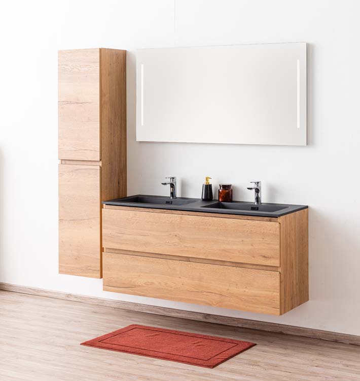 Meuble de salle de bain Daria chêne brun doré 1400 mm lavabo noir mat