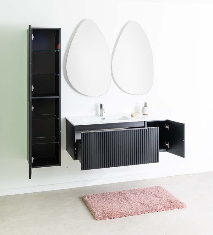 Meuble de salle de bains Sunday noir mat suspendu avec lavabo simple blanc brillant 120cm