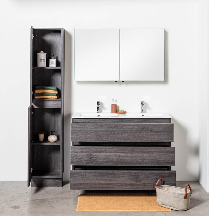 Meuble de salle de bain Dotan chêne foncé 1200 mm sur pied 2 lavabo brillant