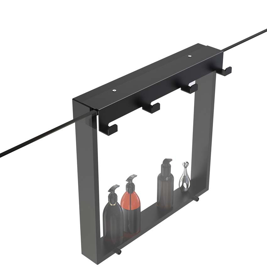 Etagère de douche noir mat 50x50x6,5cm avec 4 crochets