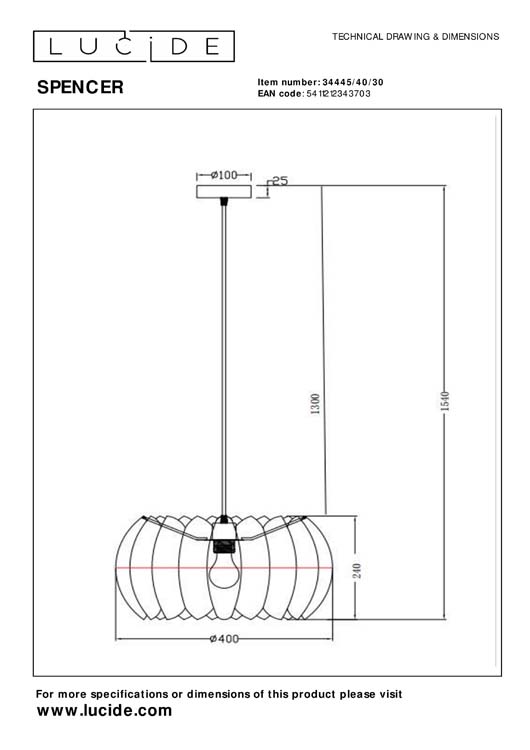 Lucide SPENCER - Hanglamp - Ø 40 cm - 1xE27 - Zwart