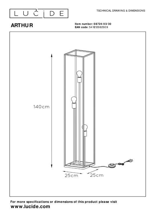 Lucide ARTHUR - Lampadaire - E27 - Noir