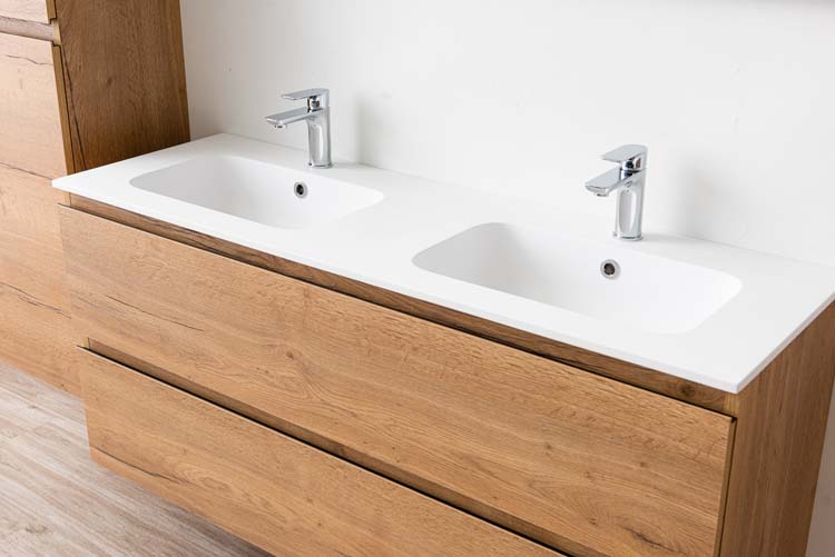 Meuble de salle de bain Daria chêne brun doré 1400 mm 2 lavabo mat