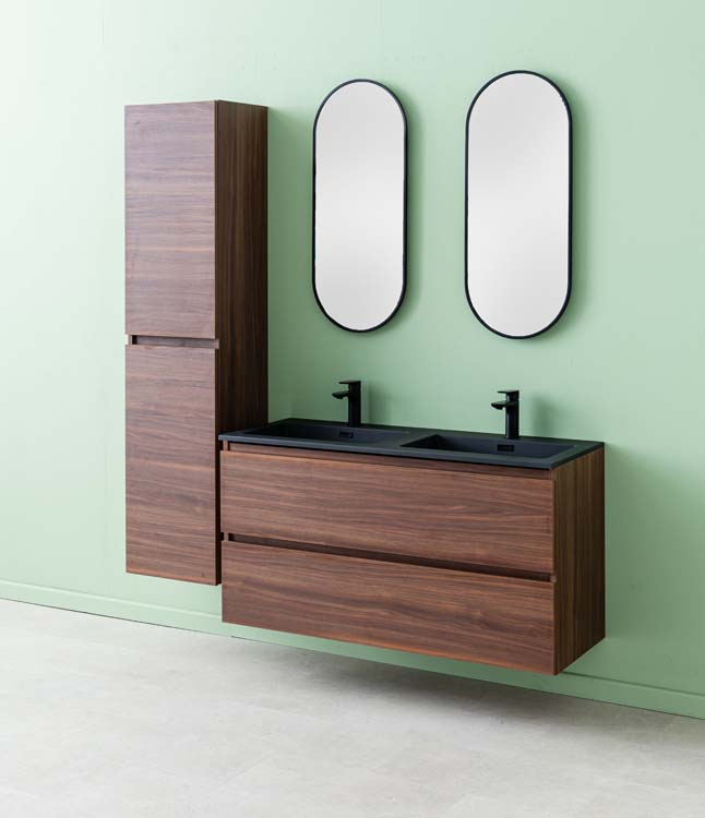 Meuble de salle de bains Dotan noyer suspendu avec lavabo double noir mat 120cm