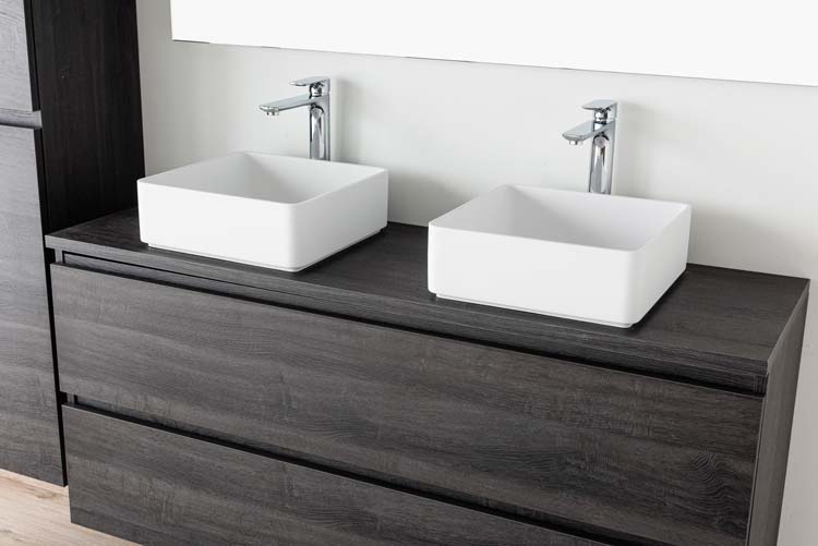 Meuble de salle de bains Dotan chêne foncé suspendu avec plateau en mélamine 140cm
