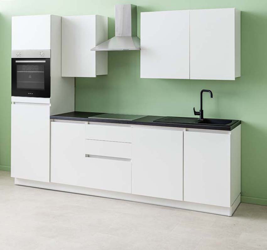 Cuisine Plenti blanc/noir 280cm - tirroirs et hotte murale en inox - sans appareils