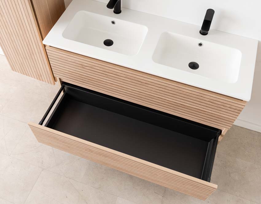 Meuble de salle de bains Dotan line up suspendu avec lavabo double blanc brillant 120cm