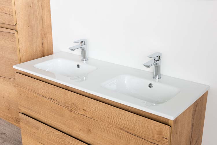 Meuble de salle de bain Daria chêne brun doré 1200 mm 2 lavabo porcelaine brillant