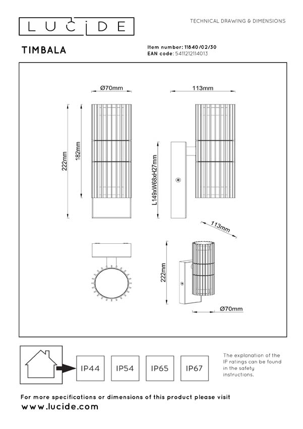Lucide Essential Timbala - Wandspot / wandlamp binnen/buiten - 2xGU10 - IP44 - Zwart