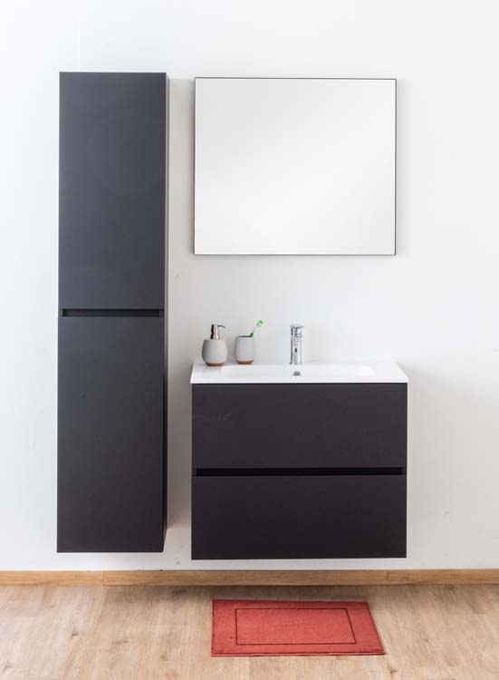 Badkamermeubel Puro mat zwart hangend met enkele wastafel glanzend wit 80cm