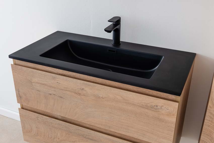 Meuble de salle de bain Tibo en chêne méditerranéen avec lavabo simple blanc noir 90cm