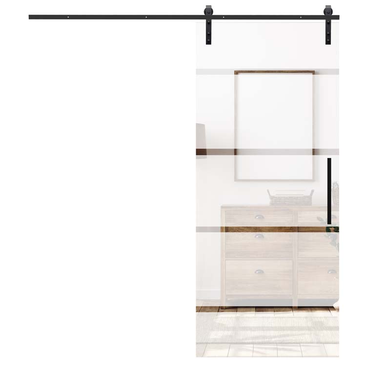 Schuifdeur glas 8mm mat en 4lijn+rail zwart+ trekker vierk zwart 32cm