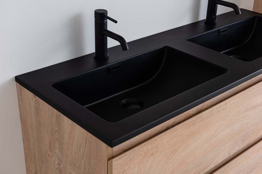 Meuble de salle de bain Tibo en chêne méditerranéen avec double lavabo noir mat 120cm